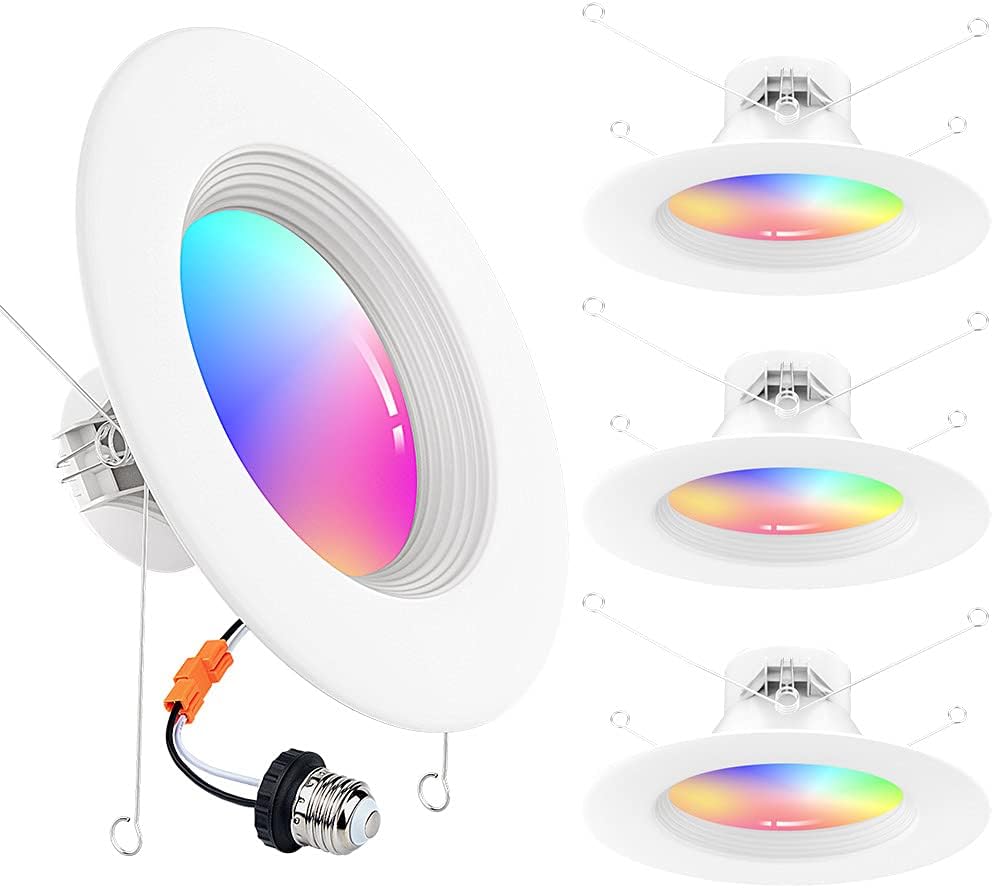 MustWin Smart Retrofit LED Recessed Lighting 6 inch LED Color Changing Downlights, 15W RGBCW 1150 Lumen Bluetooth Mesh Can Lights, Voice Control via Alexa, Dimmable 2700K-6500K 4-Pack (Hub Included)