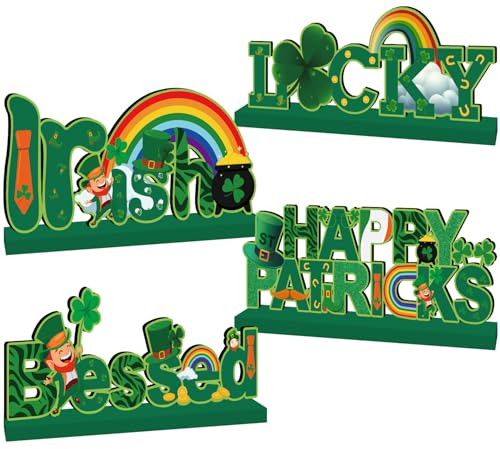 4pcs St Patricks Day Decorations Wooden Table Signs,Happy Saint Patricks Day Table Decorations Green Irish Lucky Shamrock, Leprechaun St. Patricks Day Decorations for Holiday Party