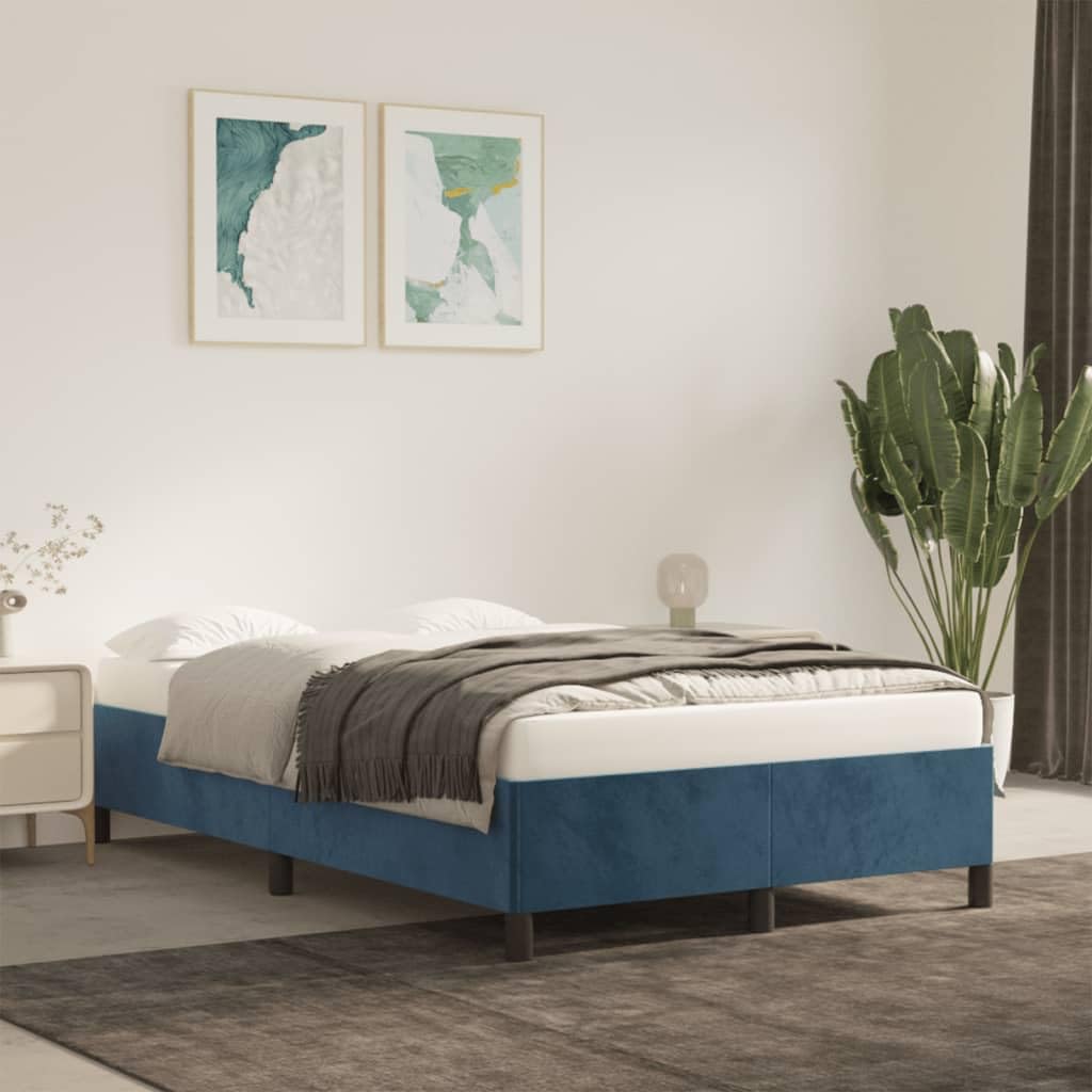 Velvet Bed Frame, 120x190 cm Dark Blue Single Platform Bed | Built with a solid pine wood frame and plywood slats, suitable for guest rooms and youth bedrooms.