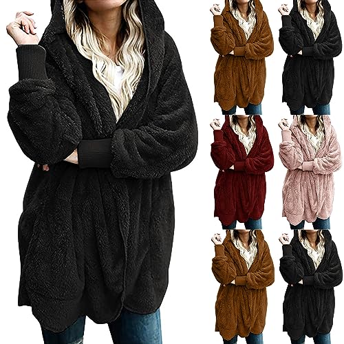 Fuzzy Fleece Coat For Women Plus Size Open Front Long Sleeve Hooded Sherpa Cardigan Jackets Warm Winter Fluffy Outwear