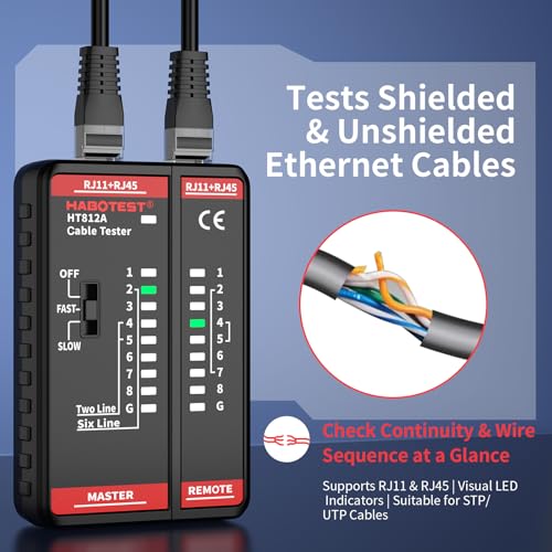 Image of Network Ethernet Cable Tester for LAN RJ45 RJ11 CAT5 CAT5E CAT6 CAT6A CAT7, Ethernet Wire Tester Tool UTP /STP Continuity Test for Telephone Line Finder Home Repair (HT812A)