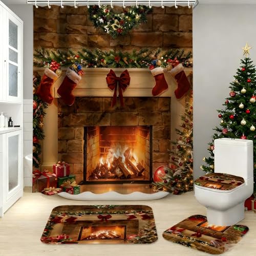 4Pcs Christmas Fireplace Shower Curtain Sets with Non-Slip Rugs Christmas Bathroom Curtain with 12 Hooks Toilet Lid Cover and Bath Mat Christmas Fireplace Wreath Socks Decor for Xmas Bathroom Decor