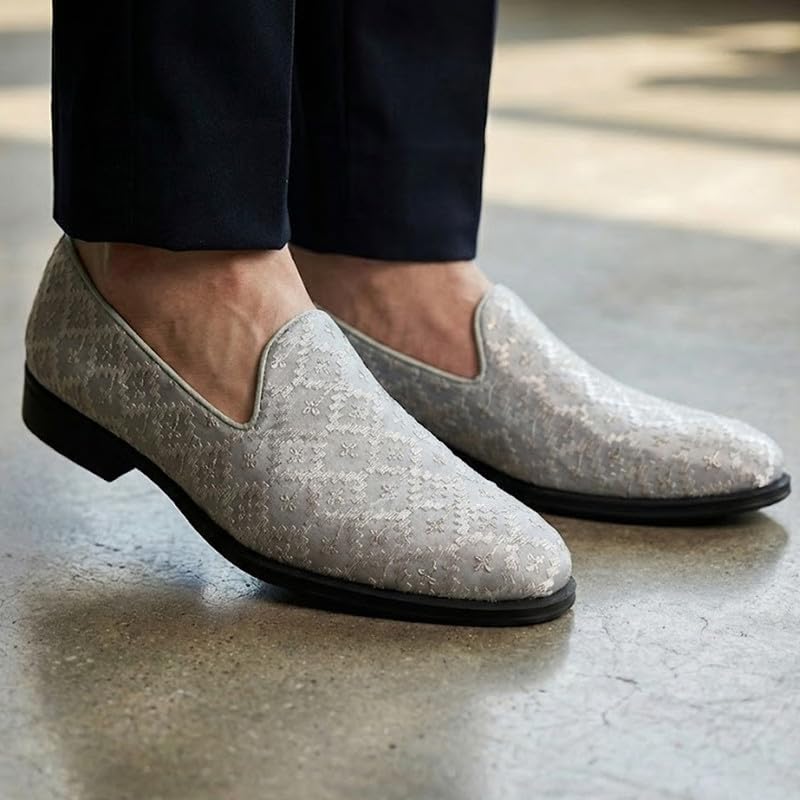 Image of FAUSTO Men Embroidered Sequin Ethnic Slip-On Juttis and Mojaris with Memory Cushioned Insole | Traditional Party Loafer Kurta Shoes for Wedding, Reception