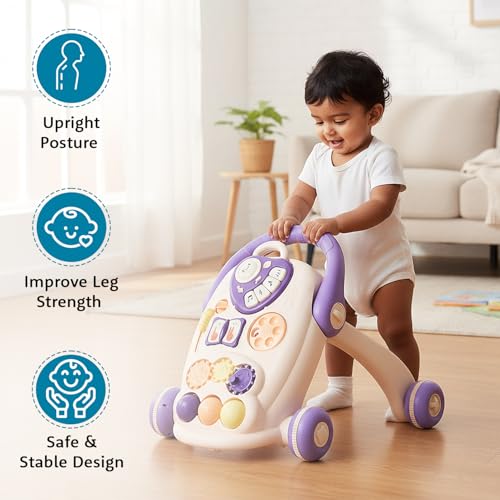Image of Amazon Brand - Supples Baby Walker with Music, LED Lights & Handle | Push Activity Walker with Water /Sand Tank for Stability | Learning Toy for Toddlers 9+ Months | Beige & Purple