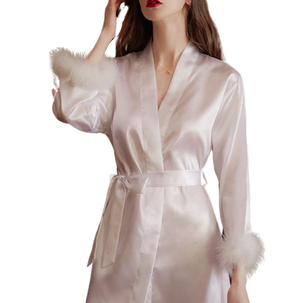 Camicia Da Notte Donna,Accappatoio In Raso Polsini Di Piume Kimono Bianco Leggero Abito Lungo Con Cintura Camicia Da Notte Sexy Scollo A V Vestaglia Da Sposa Indumenti Da Notte Bademantel Damen,L