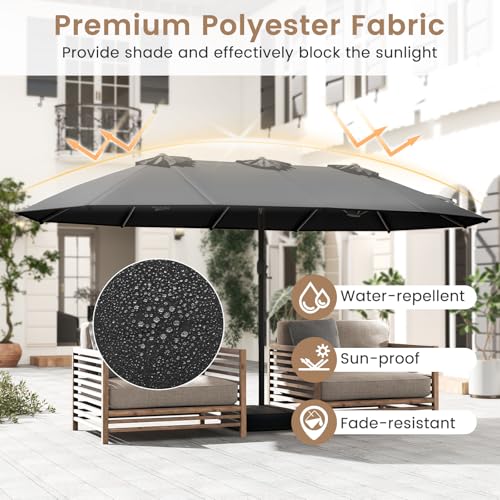 Image of Tangkula 15FT Double-Sided Patio Umbrella with Base, Extra-Large Market Umbrella W /Crank System, Outdoor Twin Umbrella W / 12-Rib Metal Structure & Air Vents for Garden, Backyard, Poolside