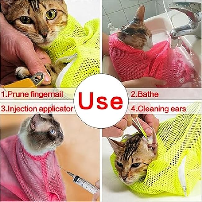 Cat Bathing Bag Shower Anti Scratch Adjustable,Pet Grooming Bag for Cats Breathable Mesh Net Restraint Bags,Multifunctional Washing Bag for Medicine Taking,Injection,Nail Trimming, Pink-5H41aydk