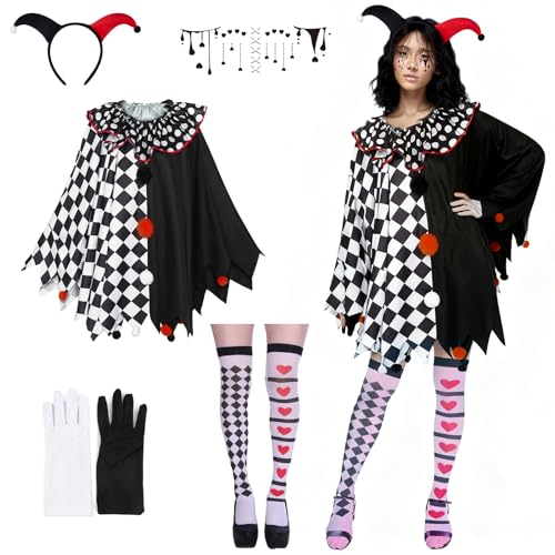 MINGJAY Costume Clown,Clown Tueur,Costumes d'Arlequin pour Femme,Cape d'Arlequin,Gants de Clowns et Tatouage,Deguisement Clowns,pour le Carnaval,Mardi Gras,Soirée à...