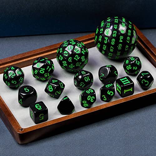 Poludie 15 Pieces Complete Polyhedral Dnd Dice Set D3-D100 Spherical D&D Dice Set,D100 Dice For Dungeons And Dragons, Rpg, Mtg Table Games(Black Green) #TOP3