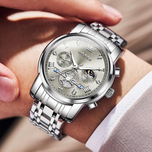Image of OLEVS Men Skeleton Watches Stainless Steel Analog Quartz Moon Phase Male Watch, Diamond Multi Calendar Chronograph Watch,Waterproof Wrist Watch for Men