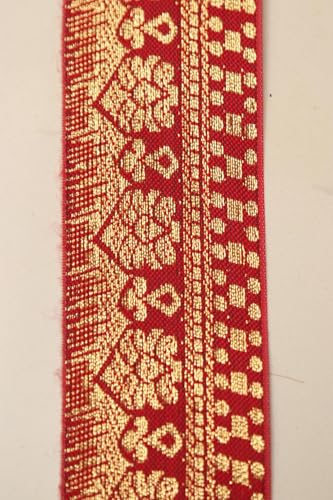 Image of Banarasi Silk Border Lace for Saree, Dupatta, Lehenga, Suit, Blouse & Home Furnishing, Crafting DIY (Scarlet Gold, 9 Meters x 2 Inch)