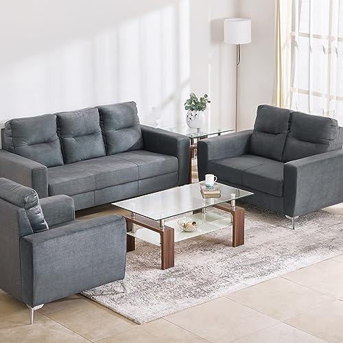 Image of Home Centre Helios Vive Solid Wood Fabric 3+2+1 Seater Sofa Set - Grey