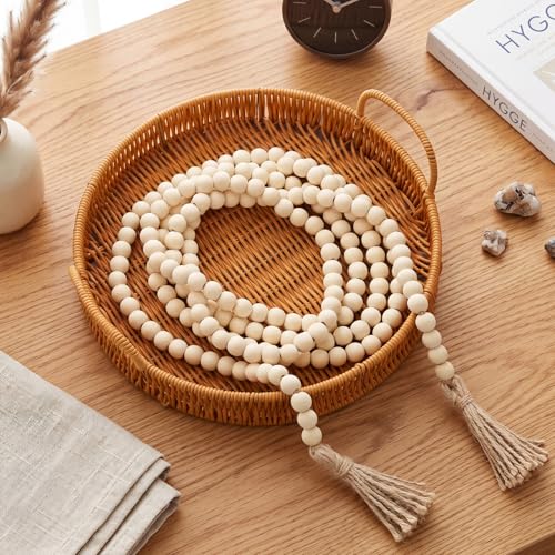 Image of Equsion Wooden Bead Garland with Tassels, Extra Long Fireplace Wood Bead Garlands Rustic Farmhouse Vintage Boho Beads Garland for Party Home Decor Tiered Tray Decorative Beads(Natural Wood Color)