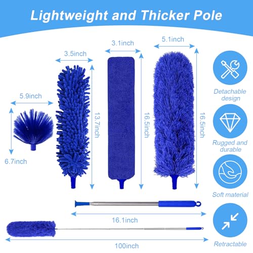 Image of Duster with Extension Pole - Blue | 5-in-1 Kit Dusters for Cleaning, Extendable Duster with 100 Inches, Microfiber Dusters for Ceiling Fans, Furniture, Blinds