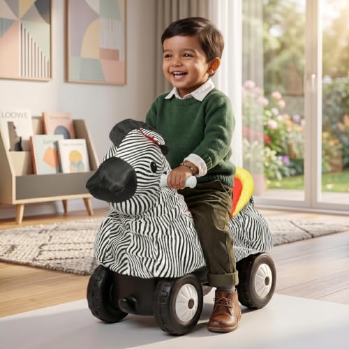 Image of Toyzone Little Soft Zebra Ride on | Cloth-Covered Ride On Toy with Wheels | Back Support | Indoor & Outdoor Ride-On for Toddlers 1-4 Years