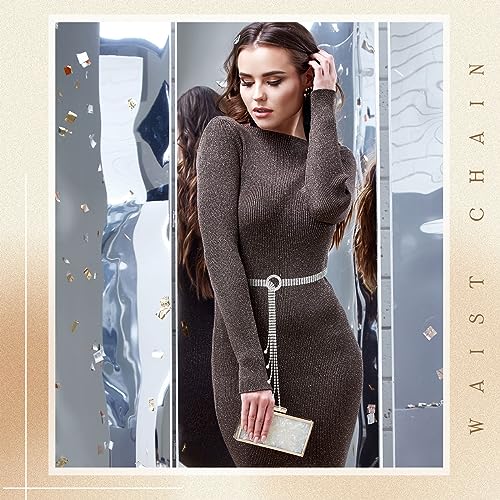 Toulite 2 Pcs Rhinestone Chain Belt 53.1 Inch Crystal Waist Diamond Belts for Women Dresses O Ring Waistband for Ladies Jeans Gift, Gold Silver4