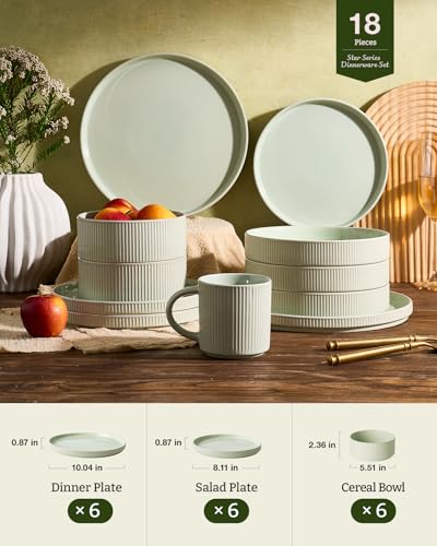 Image of Famiware Stoneware Dishes Dinnerware Sets for 6, Ribbed Plates and Bowls | 18-Piece Ceramic Dinner Set with Lipped Edges, Chip & Scratch Resistant , Microwave & Dishwasher Safe, Daily Use, Light Green