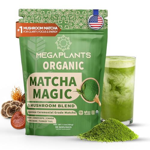 MEGAPLANTS Mushroom Matcha Magic (30 Servings) | Ceremonial Grade Japanese Matcha with Adaptogenic Mushrooms | Clean Energy & Calm Focus – Coffee Alternative – Shake It, Sip it, Bake it | Made in USA