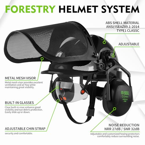 Image of GREEN DEVIL Chainsaw Safety Protective Helmet Forestry Helmet with Build-in Visor Mesh Face Shield Ear Muffs 4 in 1 Ideal for Arborist Tree Work DIY Outdoor Logging Hard hat