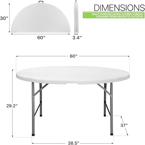 Miniatura 3 de Magshion Mesa de plástico plegable de 60 pulgadas, mesa redonda blanca resistente plegable para cocina o fiesta al aire libre