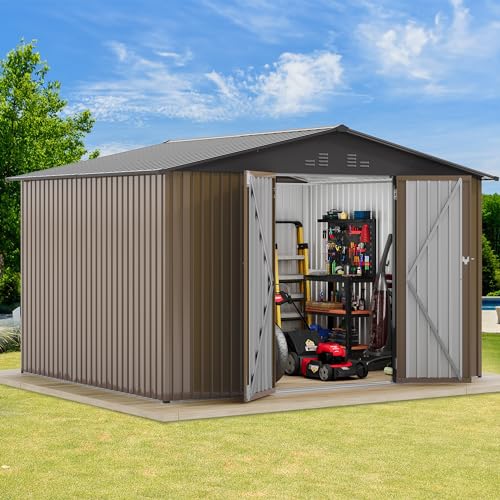 Image of DWVO 10'x8' Large Metal Outdoor Storage Shed, Heavy Duty Tool Storage Sheds for Backyard Patio Lawn - Ideal for Bicycles, Garden Tools, and Lawn Equipment, Easy-to-Assemble, Brown