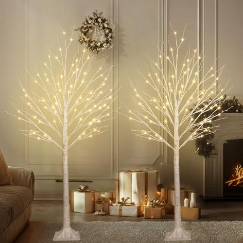 2 Pack 5FT 200LED Christmas Lighted Birch Tree, Timer Function Prelit Artificial Tree Lamp Plug in with Warm White Lights, Twinkling Twig Trees for Indoor Outdoor Christmas Decorations