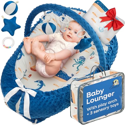 Image of Portable Baby Play Lounger for Supervised Floor Time w/Removable Toy Arch & 3 Toys - Padded Play Area, Breathable Cotton Cover, Travel-Friendly - Awake-Time Only | 0-24 Months (Blue)
