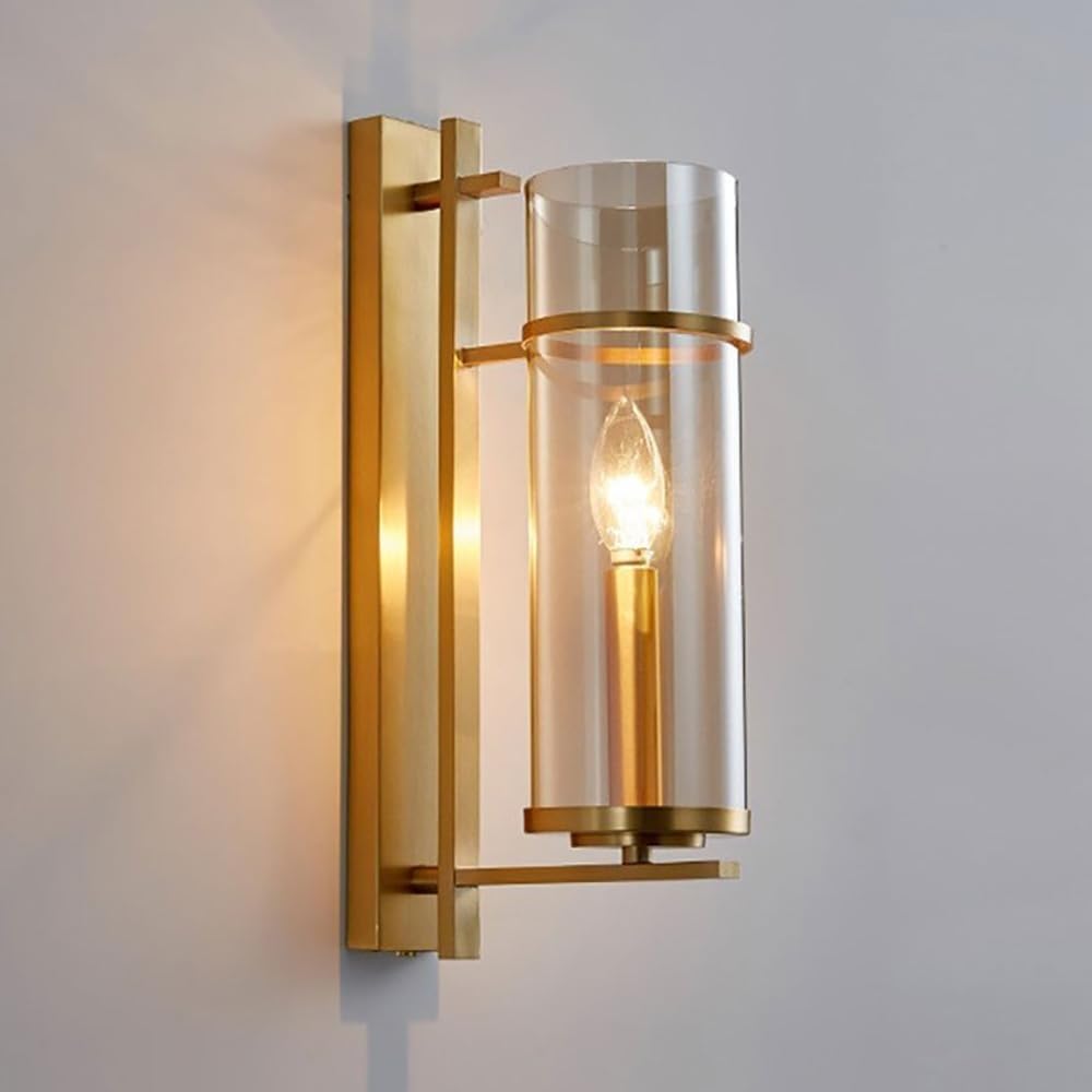 CWCQGH Elegant Brass Wall Sconce Lighting Modern Retro Copper Lamp Amber Clear Glass Shade, Light Fixture E14 Bathroom,Brushed Brass
