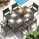 Oasbira Aluminum Outdoor Dining Set for 6, Patio Table and Chairs Set with Umbrella Hole, 7 Pieces HDPS Outdoor Furniture Sets for Patio, Garden (Gray & Teak)