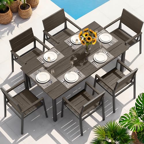 Image of Outdoor Dining Set for 10, Patio Table and Chairs Set with Umbrella Hole, 12 Pieces HDPS + Aluminum Outdoor Furniture Sets for Patio, Garden (Charcoal)