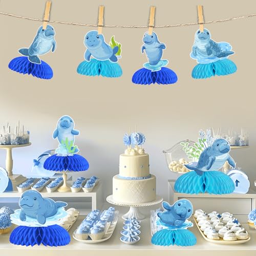 Décorations de fête lamantins impression double face pour table anniversaire bleu - 4