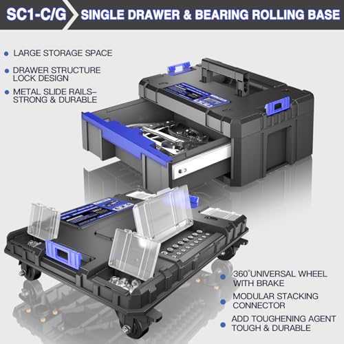 Image of 5 Tier Stackable Tool Box with Wheels,Rolling Tool Box with Drawers,Modular Tools Organizer,Portable Tool Box with Transparent Parts Box,Large Capacity Toolbox,for Garage Storage,Home and Repair Shop