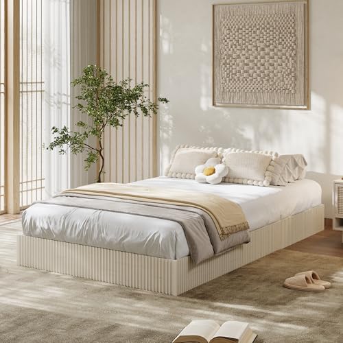 Image of GarveeHome Twin Size Bed Frame, Wood Platform Bed, Fluted Bed Frame, Minimalist Bed Base with Low Profile Design, Noise-Free, Easy Assembly, No Box Spring Needed, Cream White