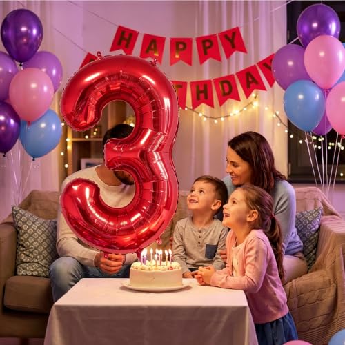 Image of Number Balloons Red Party Balloon - 40 Inch Large Number 3 Balloon, Numbers Balloon Birthday Decorations, Red Party Supplies for Anniversary