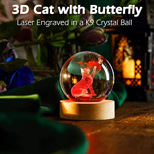 Image of IFOLAINA Cat Lover Gifts for Women 3D Cat Figurines in Crystal Ball 60mm Decor Kitten Collectibles Kitty Snow Globes Gift Glass Sphere with Wooden LED Light Base