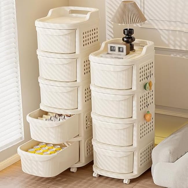 Rolling Plastic Storage Cart with Drawers & Wheels, Multi-Purpose Organizer for Bathroom, Bedroom, Office, Cream White, Compact Size (48x38x30cm / 18.9x15x11.8in)-docLREvW