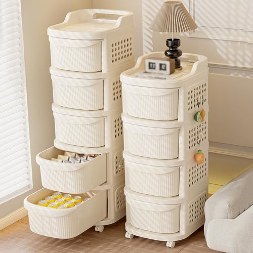 Carrello portaoggetti in plastica con cassetti e ruote, multifunzione, per bagno, camera da letto e ufficio, bianco crema (103,9 x 38,1 x 30 cm) con maniglia