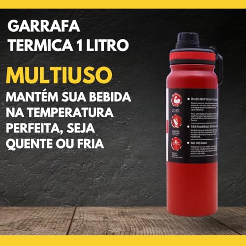 Garrafa de Água Térmica Inox Esportiva Academia Isolada a Vácuo Aço Inox 1000ml 1 Litro (Preto)