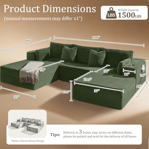 Image of Oversized 108 inch Cloud Sectional Couch, Comfort U Shaped Boneless Couch for Living Room, Extra Deep Seats No Assembly, Modular Sofa, Corduroy (Olive Green, 2 Seater+Left Facing Chaise+Ottoman)