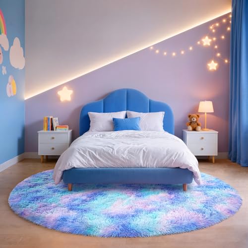Rainbow Round Rug for Bedroom, 4Ft Fluffy Circle Area Rugs for Living Room, Shag Fuzzy Carpet for Kids Room, Nursery, Dorm, Classroom, Teen, Cute Baby Play Mat Home Decor Aesthetic, Blue