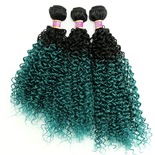 Syntheitc Weave Kinky Curly Hair Bundles Two Tone Ombre Black to Green 16 18 20 Inches 3 Bundles Hair Extensions