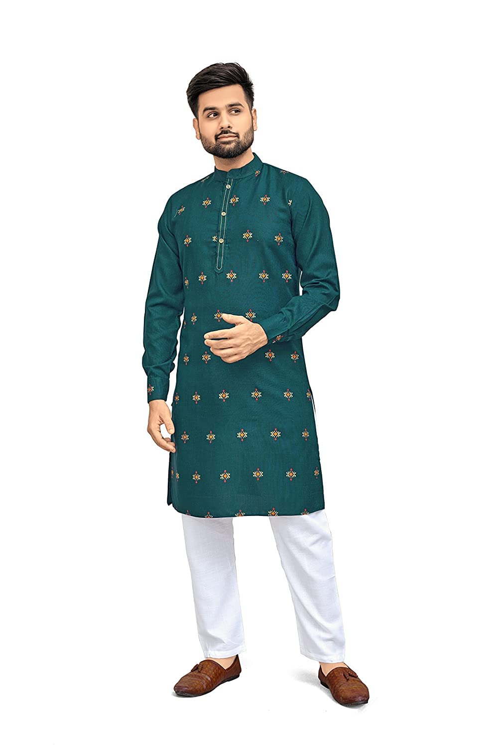 Ikhodal Fashion Men Traditional Pure Cotton Foil Printed Full Sleeve Collar Neck Kurta and Payjama Set (Firozi) (X-Large)