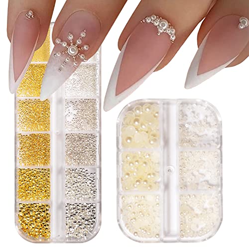 Baiyiyi Nail Jewels For Nail Art Pearls Flatback 0.8-5Mm Mixed Sizes Gold Silver Nail Charms Gems Rhinestones White Half Round Pearls Nail Art Supplies Girl Women Diy Nail Decoration #TOP12