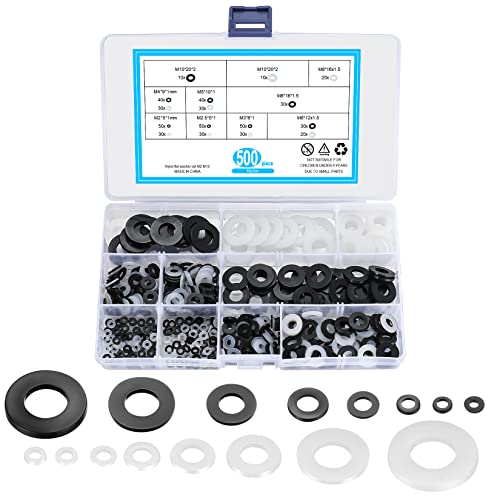 500 Stück flache Unterlegscheiben, Nylon Distanzhülsen, Maschinenköpfe Dichtungen Abstandsscheiben für Befestigungen, mechanische Unterlegscheiben - Weiß, Schwarz, M2/M2.5/M3/M4/M5/M6/M8/M10 Cover