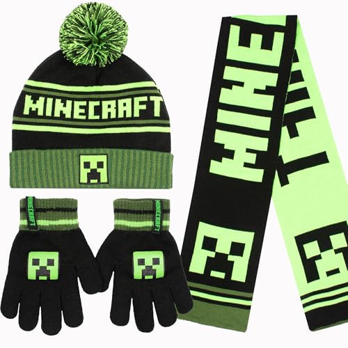 Minecraft Winter Hat & Scarf Set Knitted 3pcs Warm Gloves for Boys age 5-12 Years Comfy Beanie Cold Weather Gift for Boys