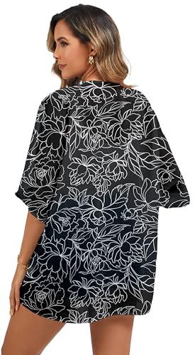 Image of FINOCEANS Womens Floral Chiffon Kimono Cardigans Loose Beach Cover Up Half Sleeve Tops