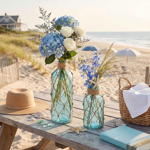 Image of Chuangdi Set of 2 Coastal Glass Flower Vase with Boho Rope, Light Blue