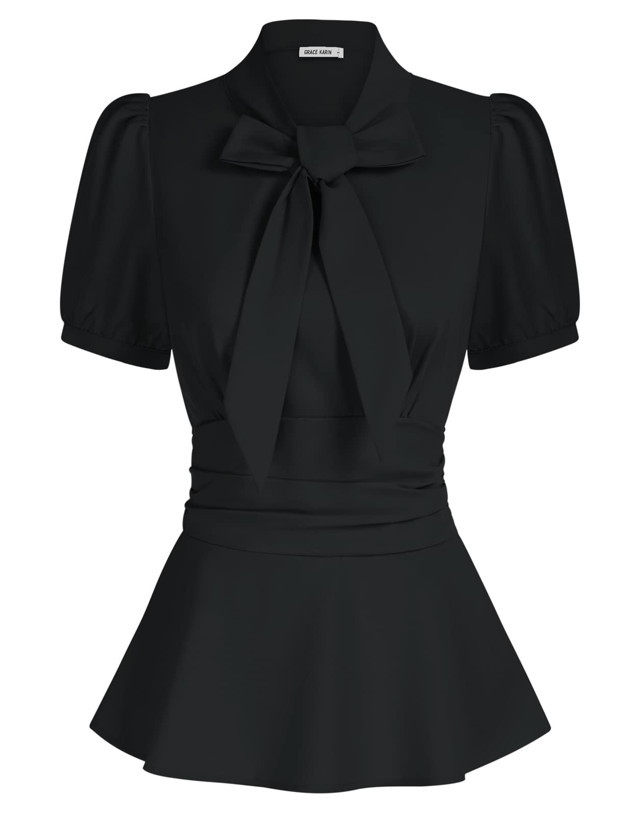 GRACE KARIN Women's 2025 Long Sleeve Peplum Dressy Shirt Office Bow Tie Work Blouses Tops Smocked Waist, Black, S