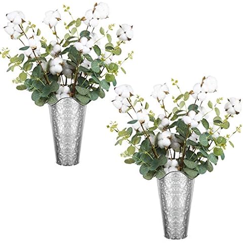 LIBWYS Sevens Galvanized Wall Planter 2 Sets with 8 Cotton & Eucalyptus Metal Hanging Vase for Farmhouse Rustic Style Country Home Wall Decor Cover