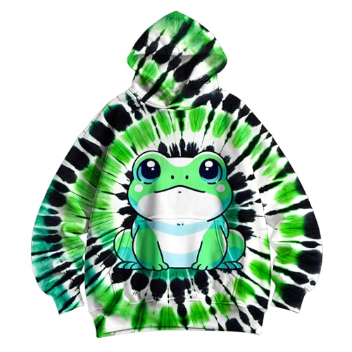 DMPROD Kids Green and Black Tie Dye Hoodie Hooded Pullover Frog Animals Sweatshirt with Kangaroo Pocket for Boys Girls Small